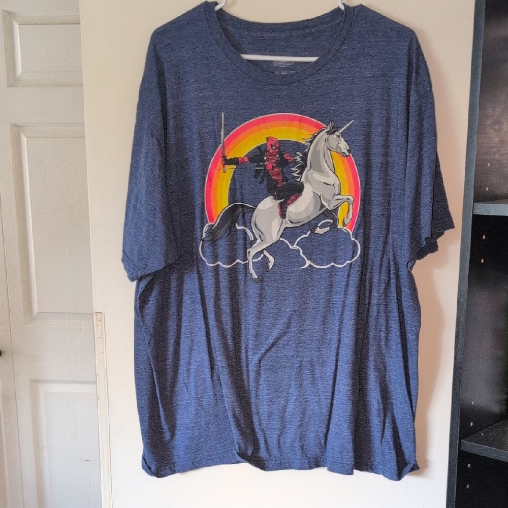 Marvel Blue Tee with Deadpool and Unicorn Design